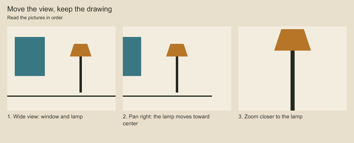 Compare the window and lamp as the camera pans right and zooms in.
