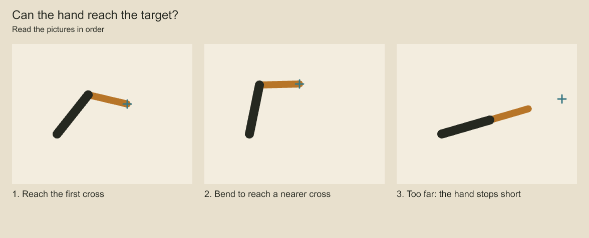 Two reachable arm targets and one target beyond the two-bone reach