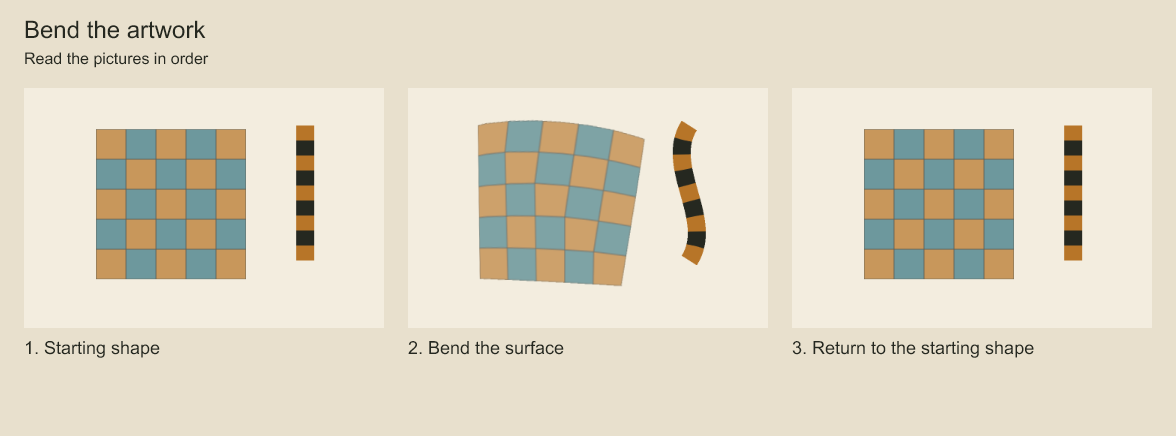 Follow the colored surface across the three poses. Its internal marks travel with the deformation.